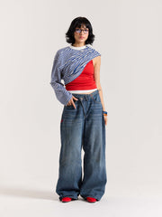 Blue Striped Loose Fit Cropped T-Shirt